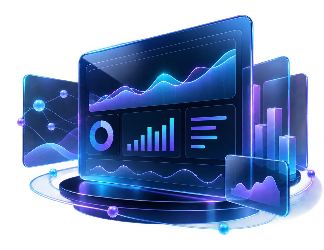 Layered transparent glass dashboard showing data charts, line plots and analytical visualizations